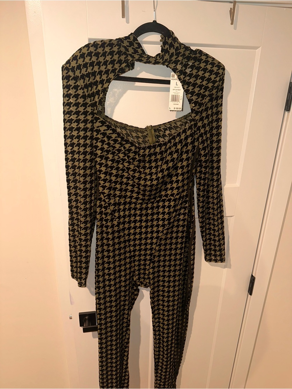 IVY PARK Olive and Black Houndstooth Cutout Long-Sleeve Jumpsuit